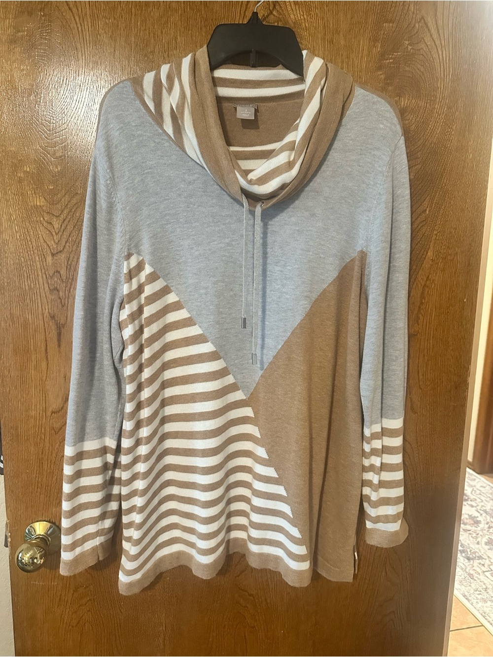 Chico's Striped Cowl Neck Sweater in Gray, Tan & White